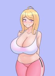 1girls akamatsu_kaede bare_shoulders big_breasts blonde_hair blue_background blue_wall blush blushing breasts carfound chubby danganronpa danganronpa_v3 flushed hair_clips hourglass_figure karfound large_breasts leggings legwear light-skinned_female light_skin long_hair looking_at_viewer pink_legwear pointy_chin purple_eyes smiling smooth_skin spillage sports_bra sportswear teeth thick_thighs thighs tight_clothing tight_fit white_bra wide_hips