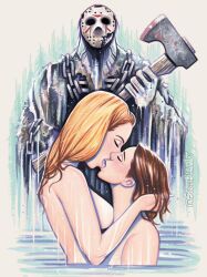 1boy 2girls axe blonde_hair breasts brown_hair chains character_request clothed clothed_male clothing completely_nude female friday_the_13th hair holding_axe holding_object jason_voorhees kissing long_hair male mask nude nude_female scott_blair side_view tagme water wet yuri