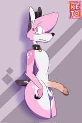 1boy anthro antlers choker deer deer_boy femboy fur furry huge_cock hung_trap keto_(ketofur) ketofur nervous pink_eyes pink_fur pink_hair thick_thighs