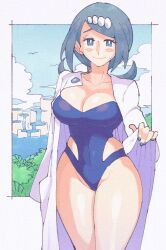 1girls bare_thighs big_breasts blue_eyes blue_hair blue_nails cleavage cosplay female female_only inkerton-kun inkuusan lana's_mother_(pokemon) milf mob_face one-piece_swimsuit philena_ivy_(cosplay) pokemon pokemon_sm solo solo_female swimsuit tagme thick_thighs thighs