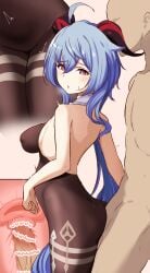 1boy ahoge ass back bangs bare_shoulders black_legwear blue_hair blush bodystocking bodysuit breasts censored clothed_female_nude_male clothed_sex cross_section donutman eyebrows_visible_through_hair female ganyu_(genshin_impact) genshin_impact heart heart_censor highres horns long_hair looking_at_another medium_breasts nude paid_reward_available parted_lips penis purple_eyes sex sex_from_behind sideboob sidelocks straight sweatdrop thighlet thighs vaginal_penetration x-ray