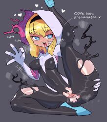 absurd_res blonde_hair blue_eyes blush bodysuit costume crap-man dialogue english_text female female_only gwen_stacy gwenom hairband heart-shaped_pupils hi_res inviting looking_at_viewer marvel pussy solo spider-gwen spider-man_(series) symbiote talking_to_viewer text torn_clothes voluptuous