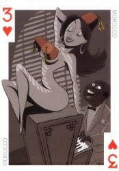 54_international_cuties bill_presing black_and_white black_hair casablanca covered_breasts dark-skinned_male dark_skin earrings fez male monochrome morocco naked national_personification nude pianist piano pinup playing_card sam_(casablanca) shading sitting_on_piano