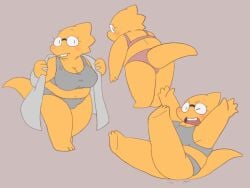 1girls 2d alphys aruput aruput_ut blush bra chubby coat female female_only glasses humanoid labcoat lizard_girl lizard_humanoid looking_at_viewer looking_back panties rear_view solo struggling undertale undertale_(series) undressing