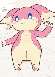 anus artist_name audino blue_eyes blush citrine1105 female genitals nintendo nude pink_body pokémon_(species) pokemon pokemon_only pussy signature solo video_games