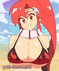 1girls animated big_breasts bikini_top bouncing_breasts breasts eye_contact female female_only fingerless_gloves gif gloves long_hair looking_at_viewer loop orange_eyes ponytail red_hair rtil scarf skull_hair_ornament smile solo suggestive_look tengen_toppa_gurren_lagann upper_body yoko_littner