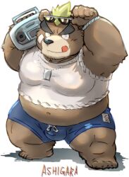 2022 anthro ashigara belly big_belly black_nose bottomwear brown_body bulge clothing eyewear humanoid_hands kemono kisukemk777 lifewonders male mammal navel overweight overweight_male shirt shorts simple_background solo sunglasses tokyo_afterschool_summoners topwear ursid video_games