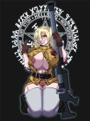 1girls big_breasts blonde_hair breasts clothing female female_only gloves gun hellsing hellsing_ultimate huge_breasts long_hair looking_at_viewer nipple_piercing nipple_slip nipples no_bra on_knees open_shirt panties piercing red_eyes rifle scarstuff seras_victoria smile sniper_rifle solo summoning_circle thighhighs vampire