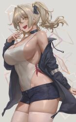 1girls 2022 big_breasts blonde_hair blush booty_shorts breasts character_request cleavage clothed clothed_female copyright_request female female_only gold_eyes hi_res hips huge_breasts jacket jacket_off_shoulders long_hair looking_at_viewer short_shorts shorts sideboob simple_background skindentation slim_waist smile thick_thighs thighhighs thighs wide_hips yohan1754