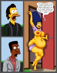 1girls 2boys belly belly_inflation big_ass big_breasts carl_carlson chubby chubby_female dark-skinned_male enema lenny_leonard marge_simpson milf the_simpsons