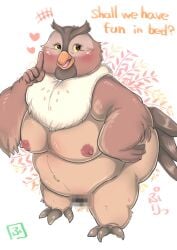 anthro avian beak big_mama_(fath) bird blush breasts censored censored_pussy dialogue disney english_text feathers female heart hebokun nipples overweight overweight_female owl solo text the_fox_and_the_hound