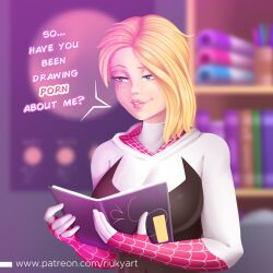 1girls blonde_hair busty costume dialogue english_text eyebrow_piercing eyes female gwen_stacy hair hero heroine legs light-skinned_female light_skin lips marvel marvel_comics riukyart riukykappa speech_bubble spider-gwen spider-man:_into_the_spider-verse spider-man_(series) superhero superheroine text thick upper_body voluptuous wide_hips