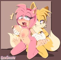 2022 2_tails 5_fingers absurd_res amy_rose anthro anthro_on_anthro anthro_penetrated anthro_penetrating anthro_penetrating_anthro arm_grab balls big_breasts black_nose blonde_hair blue_eyes blush bodily_fluids breast_grab breasts canid canine cheek_tuft claws clothing dipstick_tail drooling duo eulipotyphlan facial_tuft female female_penetrated fingers fox front_view fur genital_fluids genitals gloves gloves_only green_eyes groping_from_behind hair half-closed_eyes hand_on_breast handwear handwear_only hedgehog hi_res interspecies kneeling kneeling_sex large_breasts looking_at_another looking_pleasured looking_up male male/female male_penetrating male_penetrating_female mammal markings mostly_nude multi_tail narrowed_eyes nude open_mouth penetration penis pink_pussy precum pupils pussy saliva sega senshion sex smile smirk sonic_(series) sonic_the_hedgehog_(series) sweat tail_markings tails tan_body tan_fur tuft vaginal_penetration white_claws white_pupils wrist_grab yellow_balls yellow_body yellow_fur yellow_penis