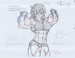 abs biceps big_muscles danodrawings exercise extreme_muscles headphones headphones_on_head huge_muscles hyper_muscles kettlebell kuroki_tomoko looking_at_viewer muscles muscular_arms muscular_legs six_pack sketch vascular veins veiny veiny_muscles watashi_ga_motenai_no_wa_dou_kangaetemo_omaera_ga_warui! workout workout_clothes workout_equipment