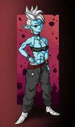 1girls abs blue_skin dragon_ball fauxhawk_(hairstyle) female female_only humanoid makyo_(superspacewarrior) necklace no_visible_genitalia oc original_character punk punk_girl red_eyes solo superspacewarrior white_hair wizkid28