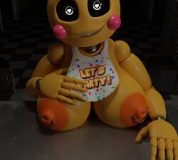 3d big_areola big_nipples breast_on_table feversfm five_nights_at_freddy's five_nights_at_freddy's_2 large_breasts looking_at_viewer nipple_piercing pierced_nipples smiling solo toy_chica_(fnaf) toy_chica_(love_taste)