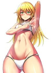 1girls annoyed armpit_fetish armpit_spread armpits bikini blazblue blonde_hair blush breasts cameltoe cleavage female female_only green_eyes highres legs long_hair looking_at_viewer looking_down navel noel_vermillion presenting_armpit small_breasts smell solo spread_armpit swimsuit thighs toned white_bikini