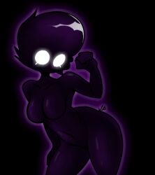 ass ass_focus belly_button black_background breasts curvy female girl glowing_eyes jace_the_funny jacefunny no_mouth no_nipples oc posing purple_hair purple_skin white_eyes