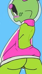 animation_meme_community anthro asdfriku ass blush bodily_fluids clothed clothing genderless genital_fluids genitals green_body green_skin humanoid nude open_mouth pussy pussy_juice simple_background solo sploot_(unknownspy) unknownspy virgin_killer_sweater wide_hips