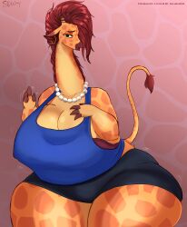 anthro areola bbw clothed ear_ring fanart female giraffe giraffe_mom hand_on_breast javanshir large_ass large_breasts necklace solo souley69 thick_ass thick_legs thick_thighs voluptuous waving wide_hips