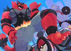 claws dumbell game_freak incineroar kunn_(artist) machoke male_only muscle muscle_growth muscles muscular muscular_anthro muscular_male nintendo penis pokemon pokemon_(species) smiling tail veiny_penis