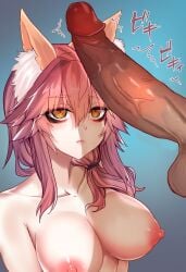 1boy fate/extra fate/grand_order fate_(series) female fox_ears fox_girl huge_cock kemonomimi large_breasts looking_at_penis nipples penis pink_hair tamamo_no_mae_(fate) third-party_edit uncensored wisespeak yellow_eyes