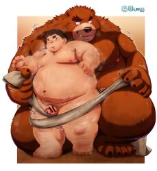 2022 absurd_res anthro asian_clothing balls belly big_belly bodily_fluids brown_body brown_fur censored clothing duo east_asian_clothing fur genitals hi_res human human_on_anthro humanoid_genitalia humanoid_hands humanoid_penis interspecies japanese_clothing kemono kumajjjj male male/male mammal mawashi moobs musk nipples obese obese_male overweight overweight_male penis sweat undressing ursid