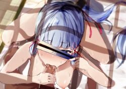 :>= absurdres bangs blowjob blue_eyes blue_hair blunt_bangs blush breasts cant_see_the_haters erection eyebrows_visible_through_hair fellatio female from_above genshin_impact hair_ornament hand_fan handjob highres horny kamisato_ayaka looking_at_viewer medium_breasts motion_lines nipples noe_8ban nude one_eye_covered open_mouth oral ponytail pov saliva saliva_trail sidelocks