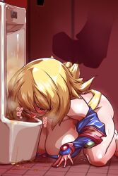 1girls all_fours big_breasts blonde_hair blonde_hair_female dark_magician_girl dirty_toilet disembodied_leg drinking_urine humiliated humiliating humiliation licking on_knees peeing peeing_into_toilet submission submissive submissive_female toilet toilet_licking toilet_pee urinal urine wanaata yu-gi-oh!