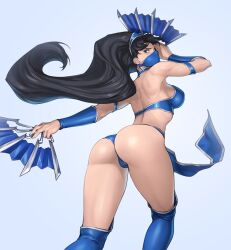 1girls 2d ass ass_focus bikini_armor female female_focus female_only kitana kitana_(mk9) light-skinned_female looking_back low-angle_view mask mortal_kombat mortal_kombat_(2011) ozkh rear_view sideboob thick_thighs