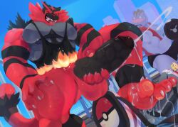 claws cum dumbell game_freak incineroar kunn_(artist) machoke male_only muscle muscle_growth muscles muscular muscular_anthro muscular_male nintendo penis pokemon pokemon_(species) smiling tail veiny_penis