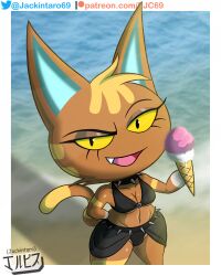 2022 animal_crossing anthro beach bikini brown_fur cleavage collar digital_media_(artwork) fanart feline fur furry ice_cream jackintaro katt_(animal_crossing) looking_at_viewer nintendo oerba_yun_fang yellow_eyes