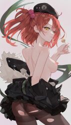 absurdres ahoge ass bare_shoulders baret breasts candy eyebrows_visible_through_hair female food girls'_frontline hat highres lemures lolipop looking_back medium_breasts mp7_(girls'_frontline) mp7_(girls_frontline) nipples pantyhose partially_undressed pleated_skirt red_hair saliva saliva_trail side_ponytail sideboob skirt thighband_pantyhose torn_clothes torn_legwear yellow_eyes