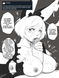 1boy absurdres bracelet breasts breasts_out elbow_gloves elphelt_valentine english_commentary english_text fellatio female fingerless_gloves gloves guilty_gear handjob heart highres jewelry large_breasts large_penis licking licking_penis looking_up monochrome nipples oral paizuri penis reference_inset saliva short_hair skullworms solo_focus speech_bubble spiked_bracelet spikes straight uncensored veins veiny_penis