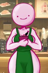 :) almost_naked apron apron_only bald bald_female bald_woman breasts curvy green_apron heart iced_latte_with_breast_milk jace_the_funny jacefunny meme mob_face oc pen pink_skin public silly smile smiling starbucks unnamed_bald_woman_(jacefunny) writing