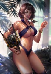 1girls bikini black_hair blizzard_entertainment cleavage dark-skinned_female dark_skin fan_yang female female_only inner_sideboob midriff navel overwatch pharah sideboob