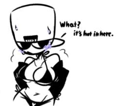 ass bald belly_button black_panties blush blush_lines bra breasts cap curvy dialogue hat jace_(jacefunny) jace_the_funny jacefunny lowres monochrome sleeves sweat sweat_drop talking text