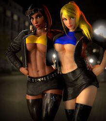 2girls 3d abs adeptusinfinitus bare_midriff big_breasts black_hair blender blonde_hair crossover dark-skinned_female dark_skin egyptian fit jacket_open leather_jacket leather_skirt looking_at_viewer metroid miniskirt overwatch pharah ponytail posing prostitute prostitution revealing_clothes samus_aran seductive skimpy_clothes skirt standing sunglasses_on_head tattoo thigh_boots thighhighs underboob