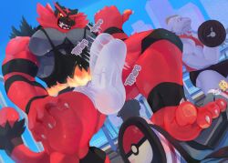 claws dumbell game_freak incineroar kunn_(artist) machoke male_only muscle muscle_growth muscles muscular muscular_anthro muscular_male nintendo penis pokemon pokemon_(species) smiling tail veiny_penis