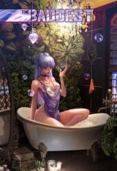 1girls bath bathing bottomless evelynn fan_yang female female_only k/da_evelynn k/da_series league_of_legends looking_over_eyewear looking_over_glasses looking_over_sunglasses nude purple-tinted_eyewear purple_hair sunglasses thick_thighs tinted_eyewear