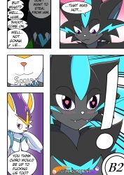 <3_eyes absurd_res anthro big_pupils black_body black_fur blush blush_lines bodily_fluids cinderace comic dialogue duo exclamation_point female fur genital_fluids heart hi_res khblacky97 legendary_pokémon male multicolored_body multicolored_fur nintendo pokémon_(species) pokemon pokemon_unite prisma_(shylo50) pupils purple_eyes pussy_juice simple_background sound_effects titania_(shylo50) video_games white_body white_fur zeraora