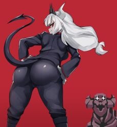 1girls ass big_ass big_butt business_suit butt clothed clothing crown demon_tail fully_clothed hand_on_hip helltaker horn long_hair looking_at_viewer looking_back lucifer_(helltaker) nuezou presenting red_background red_eyes simple_background smile solo solo_female suit tagme white_hair