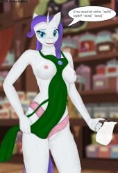 absurd_res alternate_version_available animal_humanoid anthro apron apron_aside blue_eyes blurred_background bodily_fluids breasts clothed clothing clothing_aside container detailed_background dialogue dialogue_box dripping drippy earth_pony english_text equid equine exposed_breasts eyebrows eyelashes female fluffy friendship_is_magic fur genitals glass glass_container hair hasbro hi_res holding_object horse humanoid jug killerqueen1911 lactating looking_at_viewer mammal mammal_humanoid mane milk my_little_pony nipples panties panties_aside partially_clothed pinup pony pose purple_hair pussy question raised_eyebrow rarity_(mlp) shaded smile smiling_at_viewer soft_shading solo solo_focus speech_bubble straight_hair talking_to_viewer teeth text tongue underwear underwear_aside watermark white_body white_fur