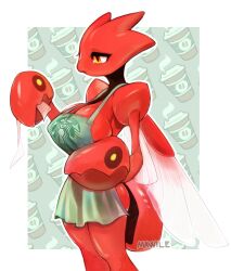 anthro apron big_breasts breasts claws female iced_latte_with_breast_milk mawile_(artist) pokemon red_body scizor solo starbucks tagme wings yellow_eyes