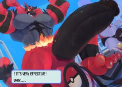 claws dumbell game_freak incineroar kunn_(artist) machoke male_only muscle muscle_growth muscles muscular muscular_anthro muscular_male nintendo penis pokemon pokemon_(species) smiling tail veiny_penis