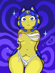 animal_crossing ankha ankha_(animal_crossing) ankha_ride_(minus8) bandage bandages bandages_around_chest blue_ears blue_eyes blue_hair breasts chest_wraps digital_media_(artwork) egyptian feline feline_humanoid female female_focus hair hi_res hypnotic hypnotizing_viewer looking_at_viewer lovepattern mammal mammal_humanoid markings navel nintendo nipples short_hair solo_focus staring_at_viewer yellow_body yellow_inner_ear yellow_skin