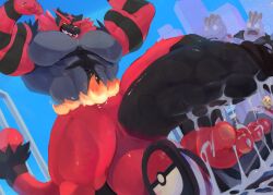 anthro claws dumbell game_freak incineroar kunn_(artist) machoke male_only muscle muscle_growth muscles muscular muscular_anthro muscular_male nintendo penis pokemon pokemon_(species) smiling solo_male tail veiny_penis