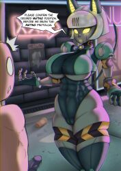 1boy 1girls big_breasts breasts cat_ears cat_tail color dialogue english_text erection huge_breasts penis robo-fortune robot robot_girl skullgirls speech_bubble standing text thick_thighs thighs tillshitposting wide_hips