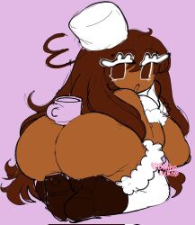 ass ass_focus big_ass big_breasts bimboneko breasts brown_eyes brown_hair cocoa_cookie colored_sketch cookie_run cup dark-skinned_female dark_skin eyelashes gloves hair hi_res huge_ass huge_breasts kneeling long_hair looking_at_viewer looking_back mostly_nude open_mouth purple_background rear_view shoes signature simple_background sketch stockings tagme thick_thighs voluptuous