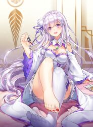 arm_support artist_request bare_shoulders cleavage cleavage_cutout covered_breasts crossed_legs elf elf_ears elf_female elf_girl emilia_(re:zero) feet female female_focus female_only green_jewel hair_flower hair_ornament half-dressed half-elf half_clothed half_elf indoors legs legwear lipstick long_hair looking_at_viewer medium_breasts nail_polish nail_polish_bottle nails nails_painted neck_jewelry nemovo_(artist) no_shoes one_thighhigh open_eyes open_mouth open_smile pointy_ears pov pov_eye_contact purple_eyes re:zero_kara_hajimeru_isekai_seikatsu red_nails shiny_skin shoulder_pads silver_hair single_thighhigh sitting sitting_on_bed smiling solo solo_female solo_focus thick_thighs thighhighs uncensored upper_teeth white_clothing white_dress white_flower white_hair white_legwear wide_sleeves